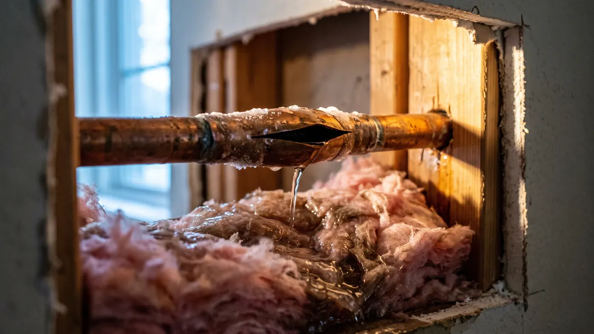 Split copper pipe with frost inside an opened wall cavity dripping onto wet insulation