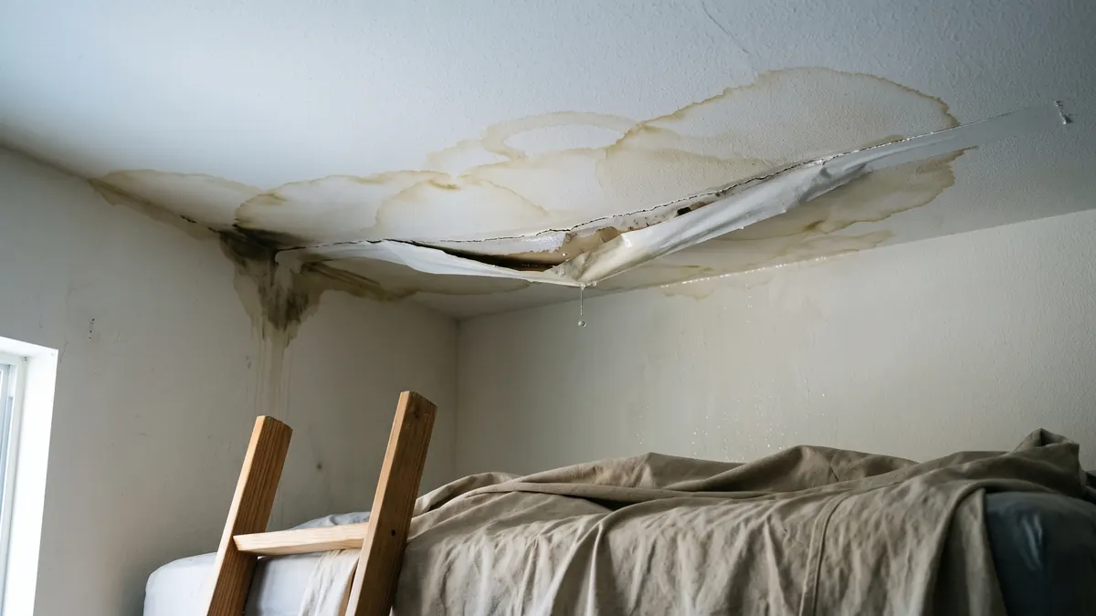 Bedroom ceiling corner with sagging drywall seam, tan ring stains, and a water drop forming