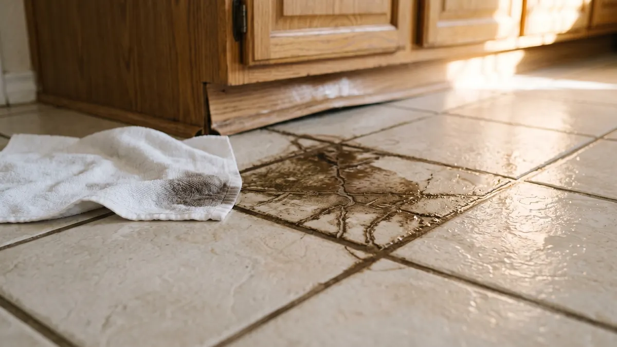 Kitchen tile floor with darkened grout lines and a soaked towel at the cabinet toe-kick